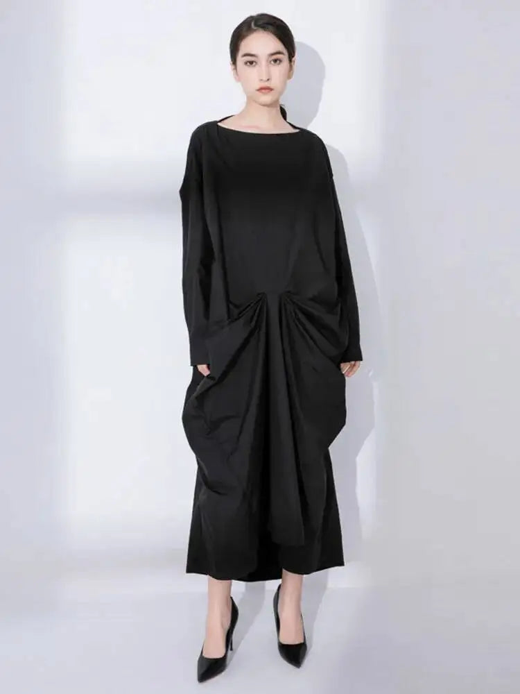 EAM Women Black Big Size Irregular Pleated Dress New Round Neck Long Sleeve Loose Fit Fashion Tide Spring Autumn 2026 31A0020