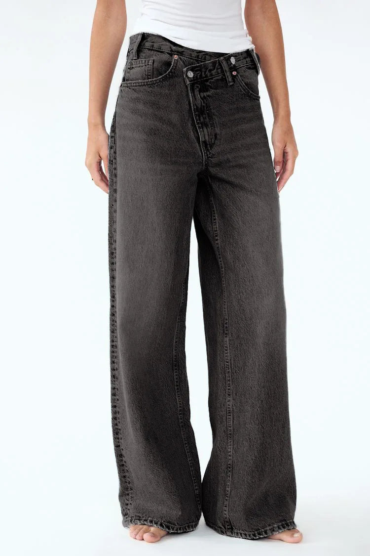 2025 Asymmetrical Diagonal Buckle Sense Design Wide-leg Jeans. Women's Four Seasons New Street Fashion Retro Casual Loose Jeans