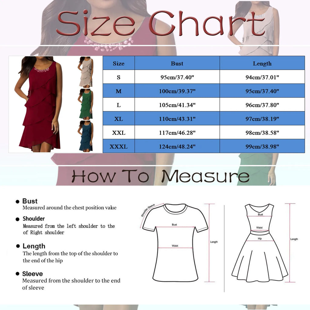 Women's Elegant Layered Ruffles Chiffon Dresses Solid Color Sleeveless Flowy Party Dress With Diamond Vestidos Summer Sundress