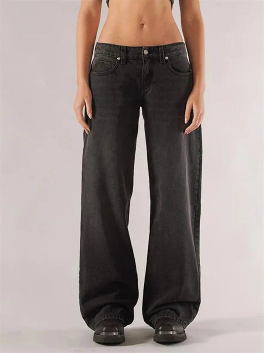 Women's Fall Jeans with Pockets Fashion Loose Fit Casual Solid Low Rise Wide Leg Denim Pants