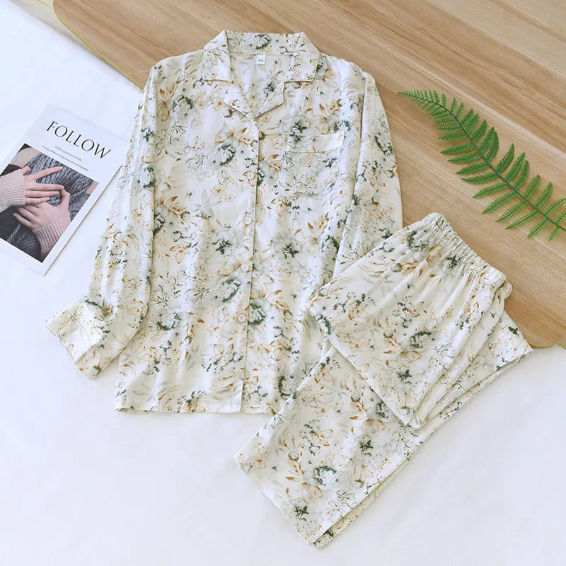 2023 Spring/Summer New Women's Pajama Set Gongsatin Cotton Women's Pajama Silk 100% Viscose Polka Dot Print Sleepwear 2-Piece