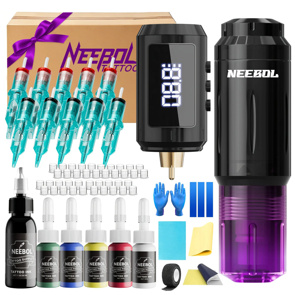 Neebol Tattoo Gun Kit Complete Set with Full Tattoo Supplies, Ultra lightweight Rotary Tattoo Machine With 1600mAh Battery, 10 Tattoo Needles, Extra Black Ink, Cordless Tattoo Pen Wireless, Translucent Design, Body Art Makeup