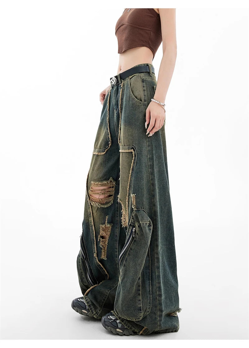 Women Y2k Baggy Cargo Jeans Harajuku Oversize Ripped Denim Trousers Vintage Japanese 2000s Style Jean Pants Trashy Clothes 2024