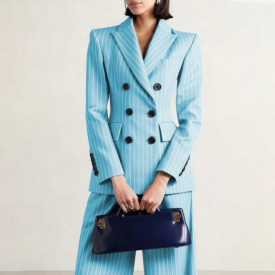 Slim Chic Double Breasted Women Pants Set High-end Female Two Pieces(Jacket+Trousers)أطقم بناطيل