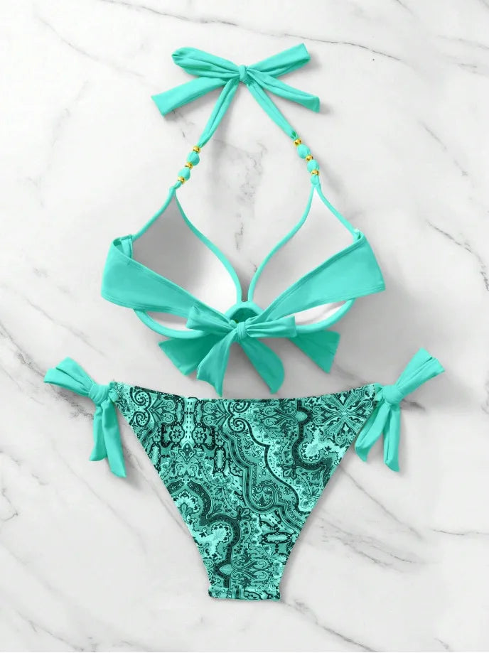 2026 Push Up Halter Bikini Printed Swimsuit Women Sexy Strappy Swimwear Female Bathers Bathing Swimming Swim Suit Beachwear