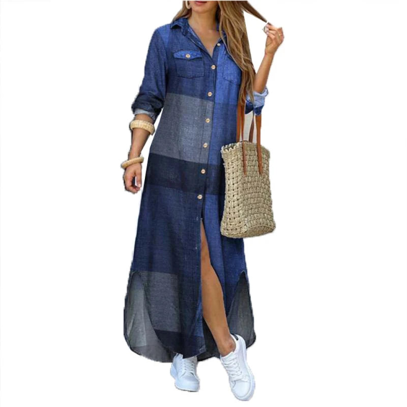 Camouflage Leopard Letters Floral Printed Dresses for Women 2025 Buttons Long Sleeve Loose Split Casual Solid Maxi Dress Robe
