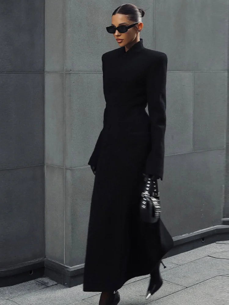 Elegant Stand Collar Long Woolen Coat Women Loose Full Sleeve Single Breast Warm Overcoat 2026 Spring Lady Outwear New