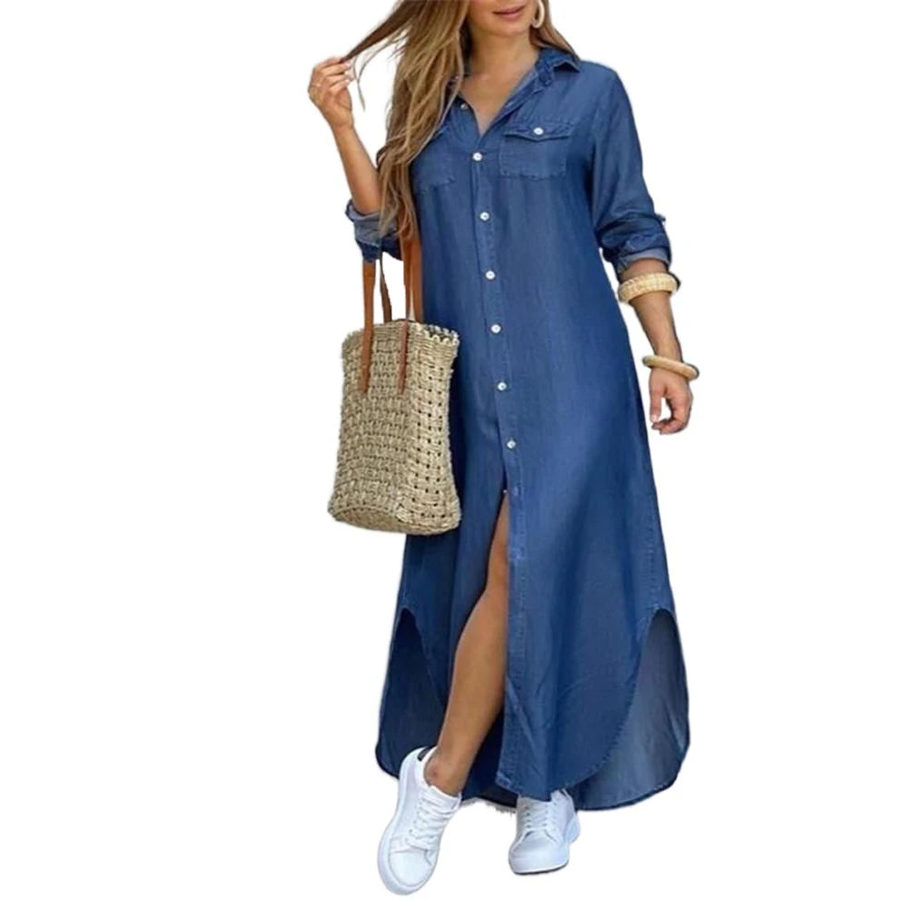 Camouflage Leopard Letters Floral Printed Dresses for Women 2025 Buttons Long Sleeve Loose Split Casual Solid Maxi Dress Robe