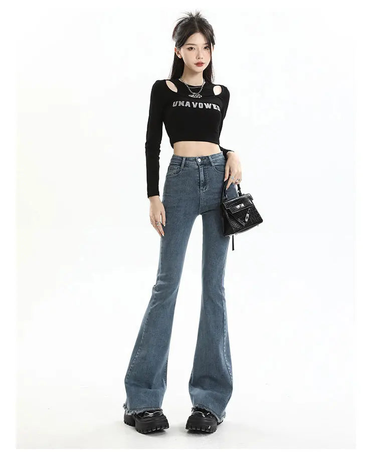 BIVIGAOS 2025 New Autumn Spring Micro Flared Jeans Women High Waist Slim Tight Retro Tassel Hem Stretch Denim Horseshoe Pants