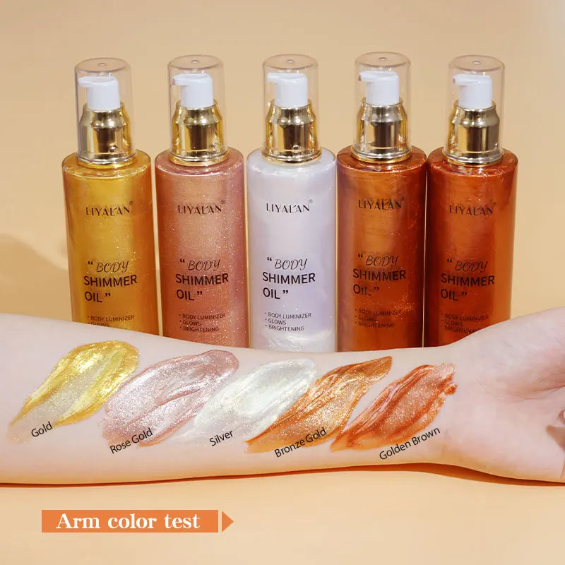 100ml Body Shimmer Oil Highlighter Face Brighten Glitter Bronzer Pearl White Rose Gold Skin Glow Illuminator Makeup Shine Liquid