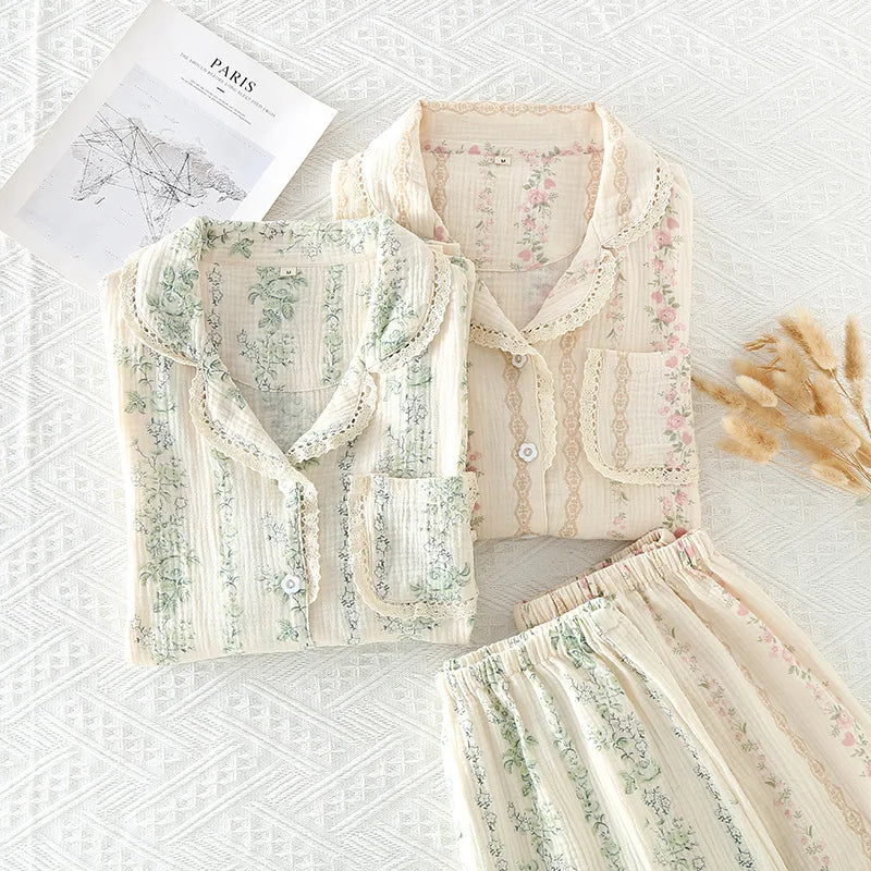 Summer women's 2-piece set of 100% pure cotton women's sleepwear bedroom set long sleeved+long pants women's sleepwear