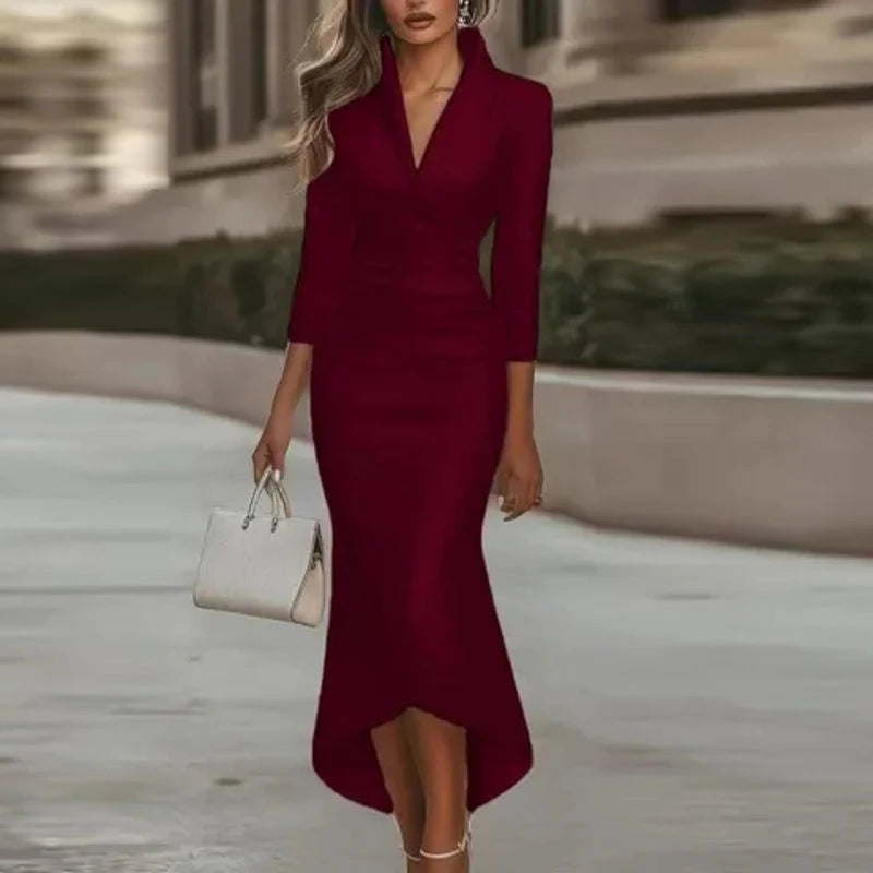Elegant Office Lady Dress V Neck Long Sleeve Bodycon Dresses For Women Fashion Satin Midi Dress Women Party Dresses