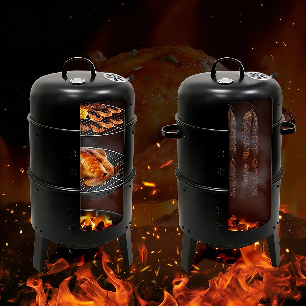 3-Tier Charcoal Smoker Grill, Outdoor & Home Hanging BBQ Smoker, Portable Barbecue Grill