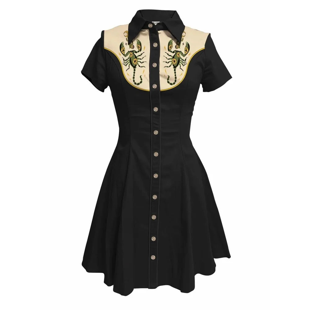 Flowers and Scorpions Printed Western Cowboy Dress for Women Sexy Girly Button-down Dress Short Sleeves 100% Cotton Summer Dress