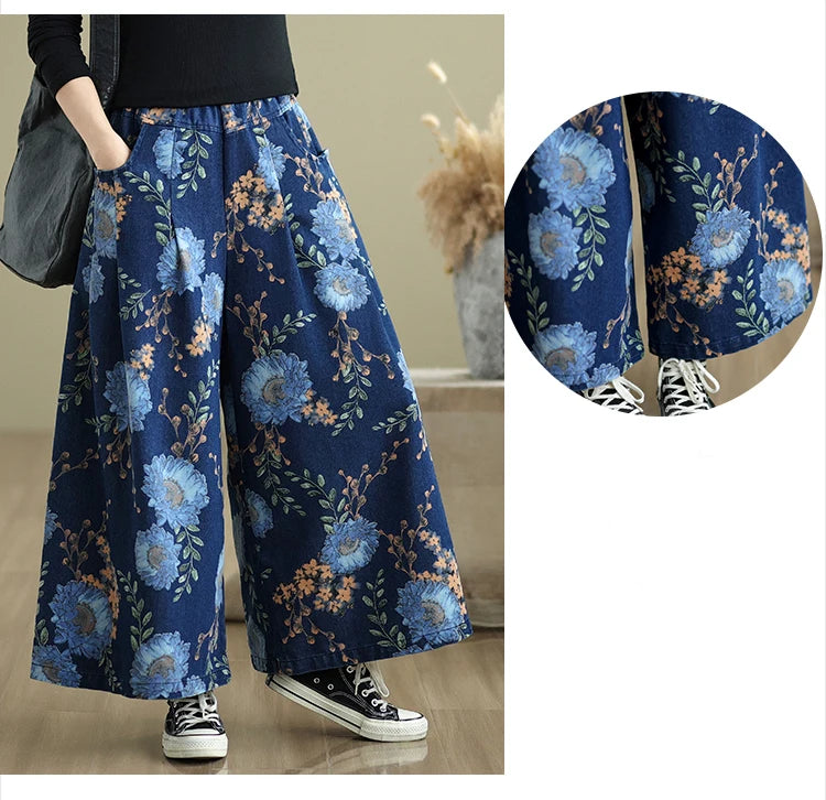 NYFS 2025 New Summer Vintage Print Woman Jeans Loose Plus size Trousers Elastic Waist Denim Wide Leg Pants
