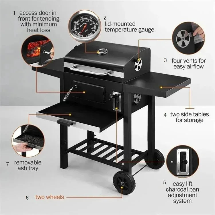 Large Charcoal Grill Smoker BBQ Grill Outdoor Camping Stove with Wheels Heavy Duty Portable Barbecue for Home Party Garden