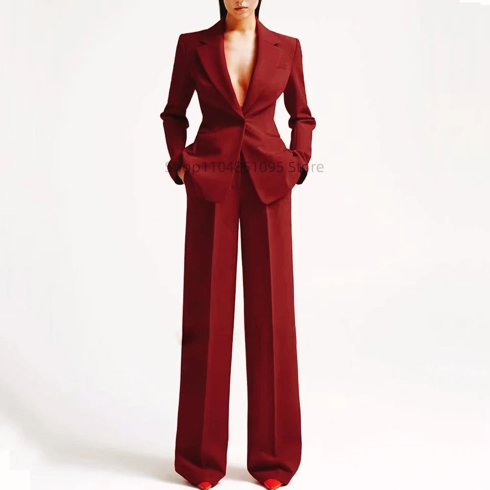 Elegant Solid Women's 2 Piece Suit Lady Business Office Suits Slim Fit One Button Jacket Women Tuxedo Casual Suits(Blazer+Pants)