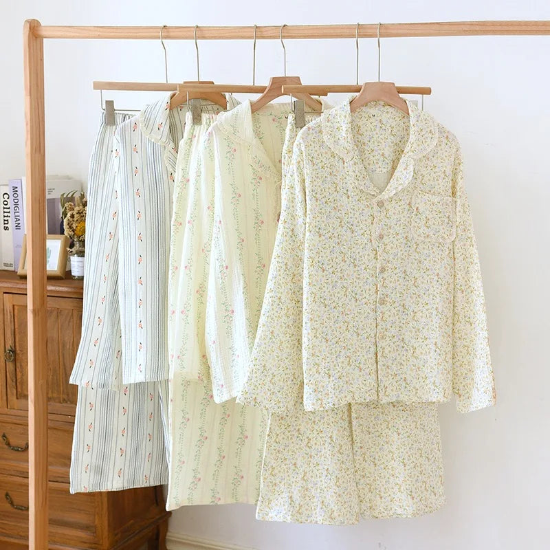 100% Cotton Gauze Women Pajamas 2025 New Spring/Autumn Sleepwear Female 2 Piece Set Nightwear Lady Pyjamas Loungewear