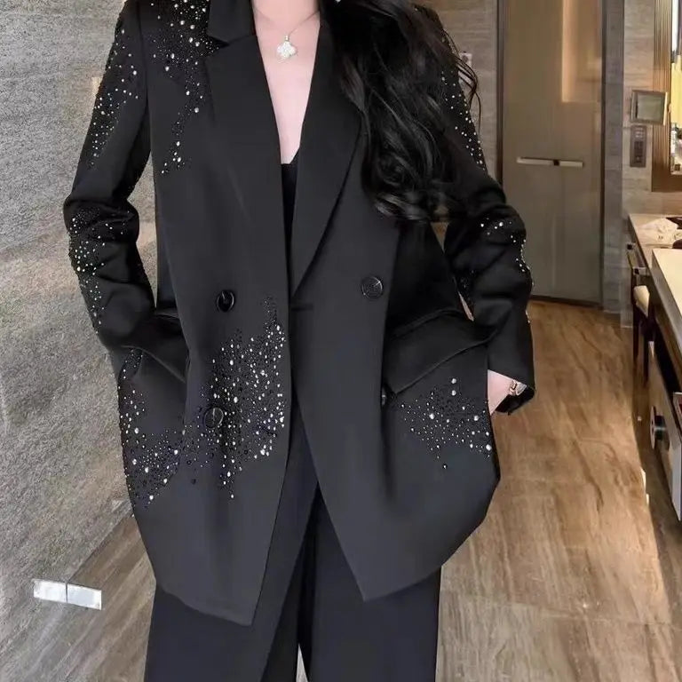2024 Spring Autumn New Coat Suit Solid Color Popular Double Row Studded Diamond Sequin Loose Blazers