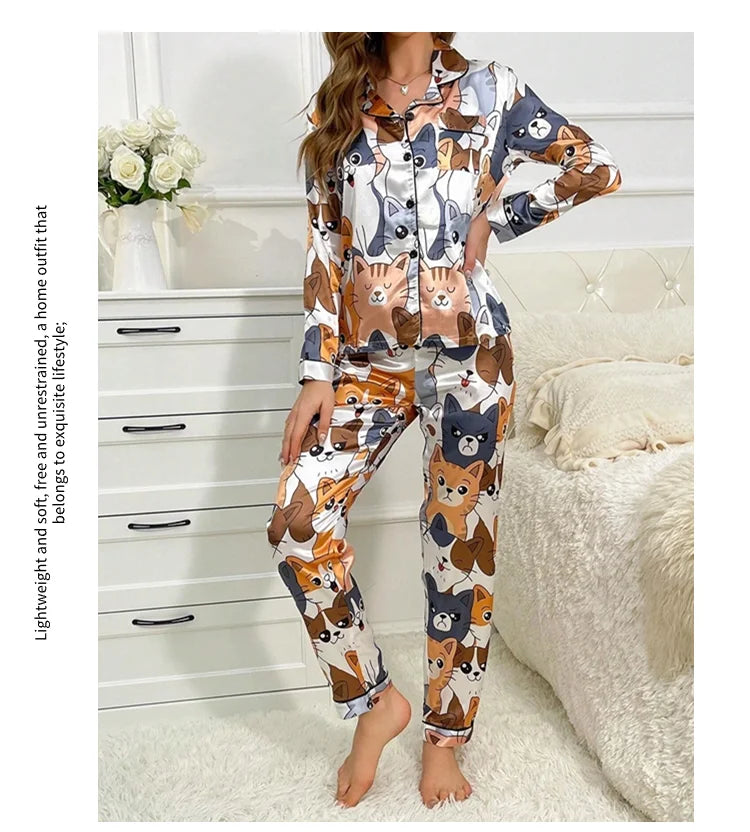 Cute Cat Print Pajama for Women Satin Long Sleeve Lapel Collar Tops & Pants Pyjama Loungewear for Fall Ladies Sleepwear Pj Sets