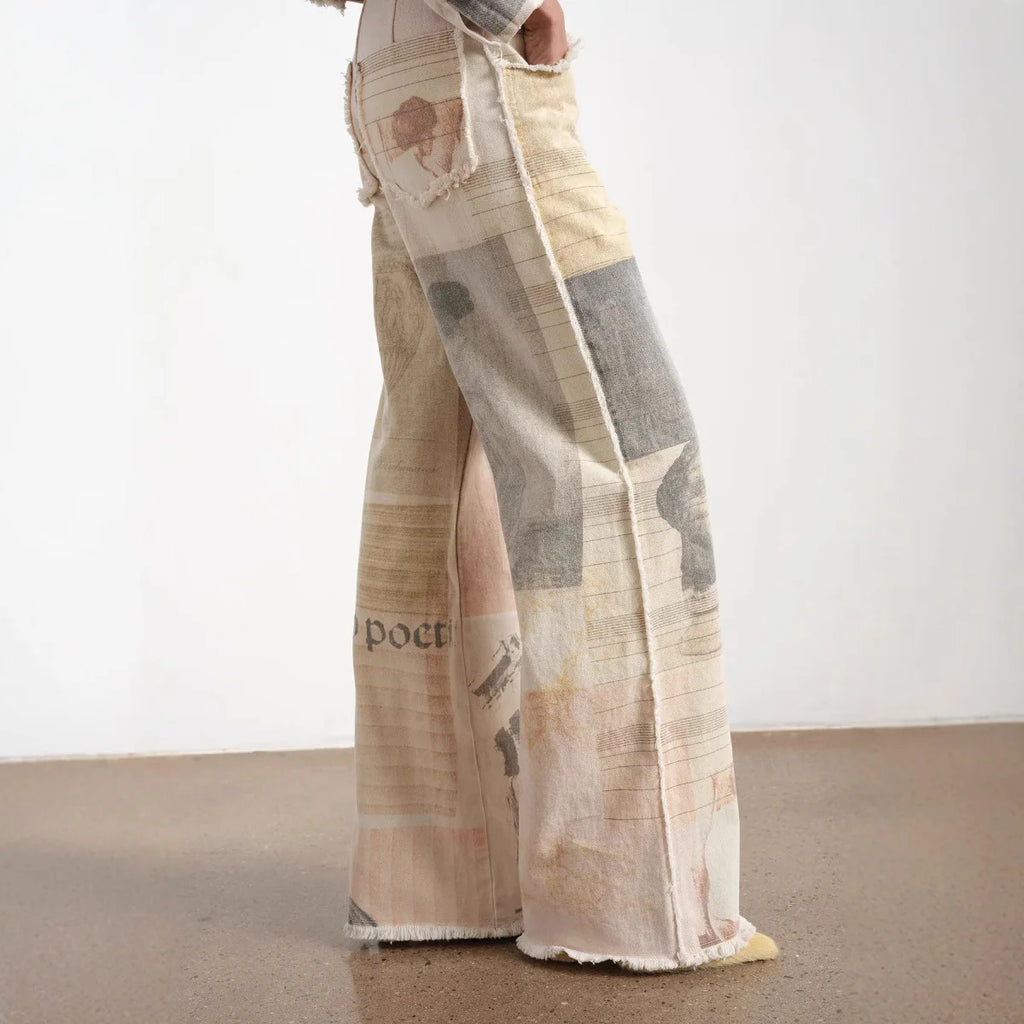 Women's Off White Wide Leg Jeans American Retro Loose Fit Printed Design Floor Length Denim Pants High Waist Trousers