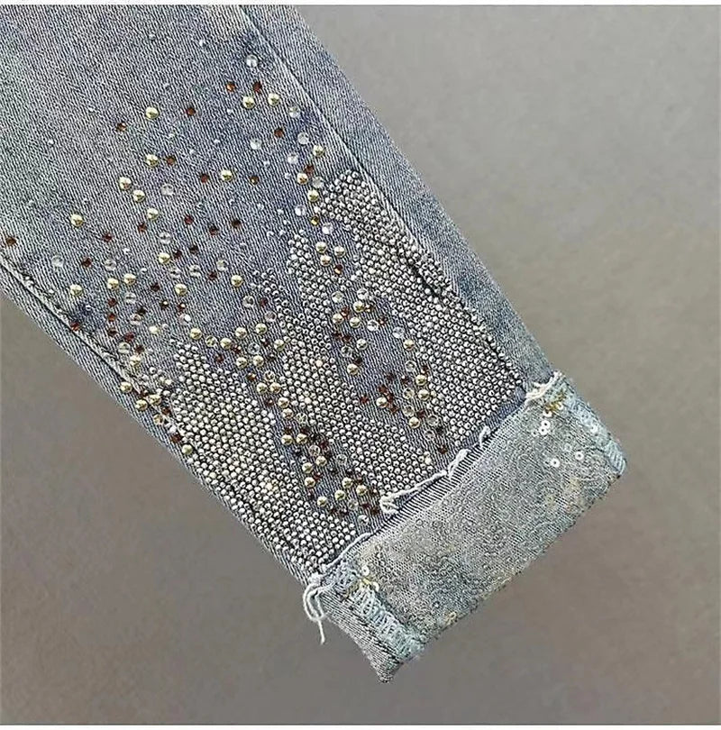 Spring Summer New 2025 Korean Slim Women Jeans Sequins Hot Drilling Denim Pants Ladies Pencil Cowboy Pants Trousers Lady