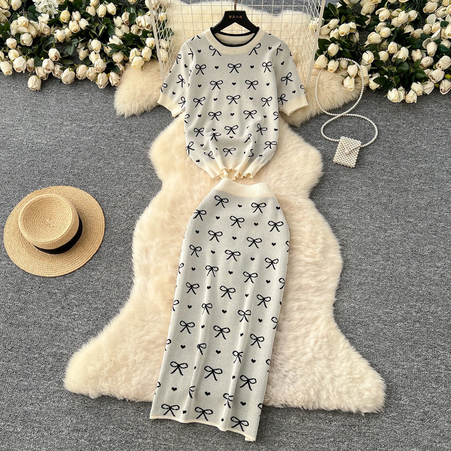 SINGREINY Newest Summer Knitting Suits O Neck Basic Tops+High Waist Sheath Long Skirt Bow Print Chic Casual Women 2pcs Sets