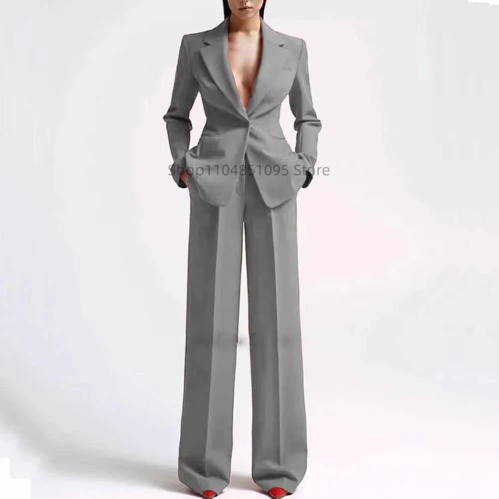 Elegant Solid Women's 2 Piece Suit Lady Business Office Suits Slim Fit One Button Jacket Women Tuxedo Casual Suits(Blazer+Pants)