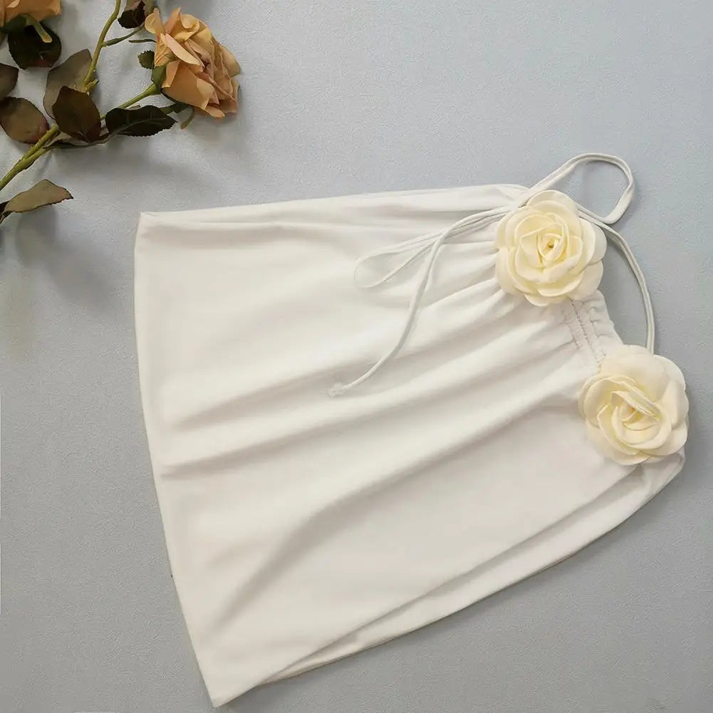 3Pcs/Set Women Summer Bikini Set 3D Rose Flower Decor Halter Bandeau Pleated Bra Swimming Trunks Overskirt Set Swimsuit 수영복 세트