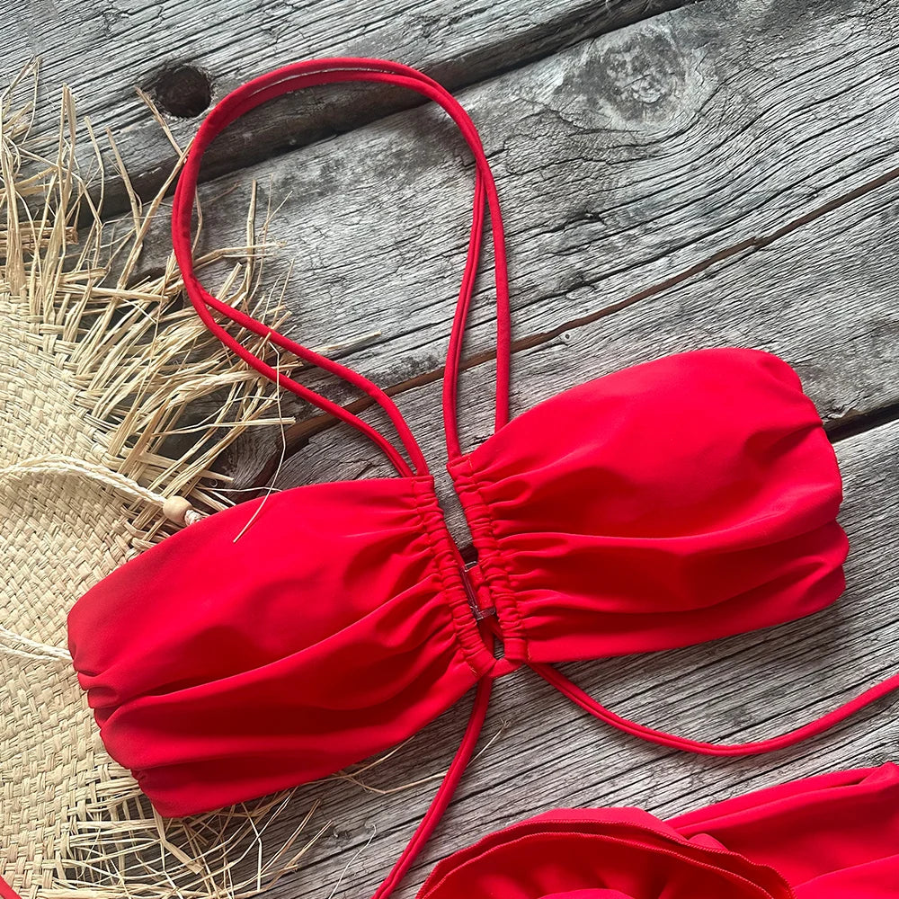 Two-Pieces Women Floral Lace Up 2023 Push-Up Padded Bra Red Bikini Set Swimsuit Swimwear Bathing Suit Beachwear Biquini