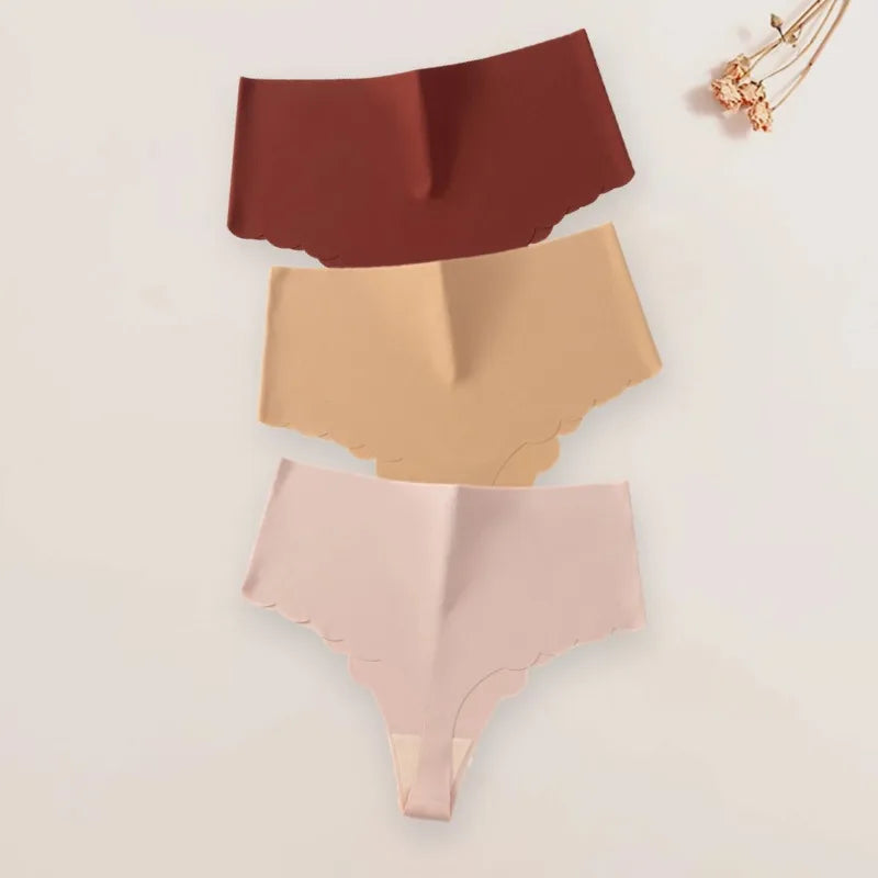 3Pcs/Set High-Waist Women's Panties Thongs Plain Slip Silk Wave Edged Fashion Seamless Female Underwear G-String for Ladies XS-L