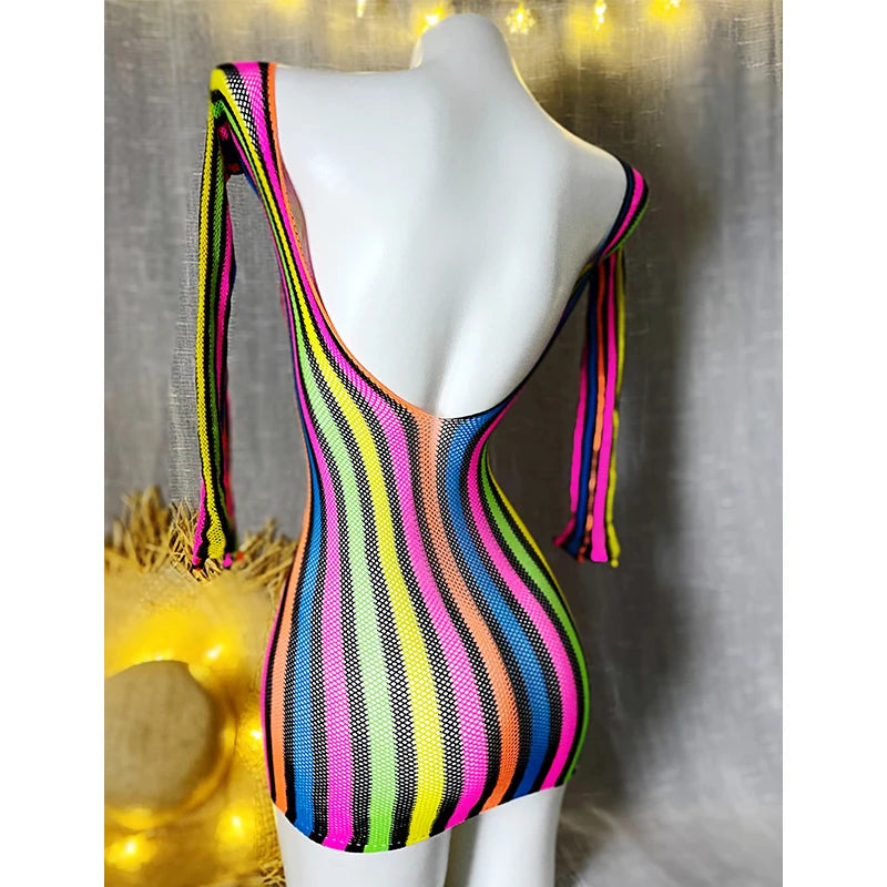 1PC Women Fishnet Cover Up Without Bikini Sexy Lingerie See Through Hollow Out Bodycon Dress Long Sleeve Beachwear CT011