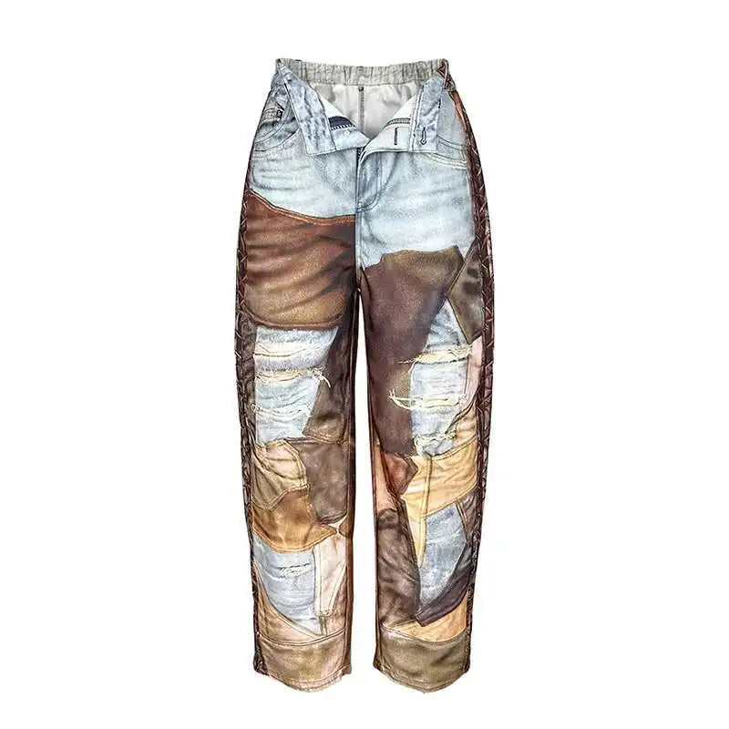 DEAT Fashion 3D Printed Wide Leg Curved Jeans Women's High Waist Loose Blue Streetwear Denim Pants New Tide Summer New 7AB9379