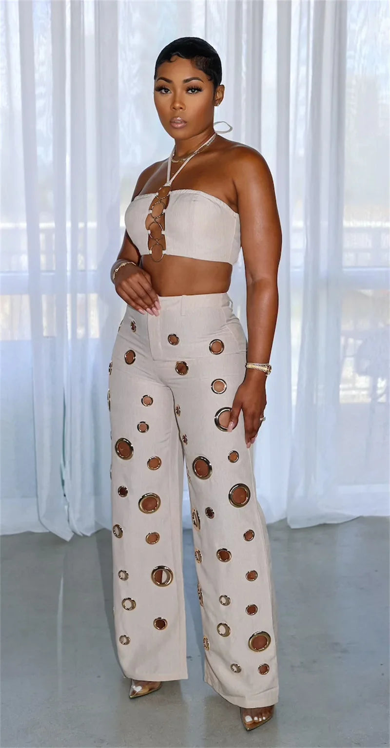 Sexy Night Party 2 Piece Sets Women Outfit Clubwear Festival Clothing Halter Strapless Crop Top and Hollow Out Wide Leg Pants