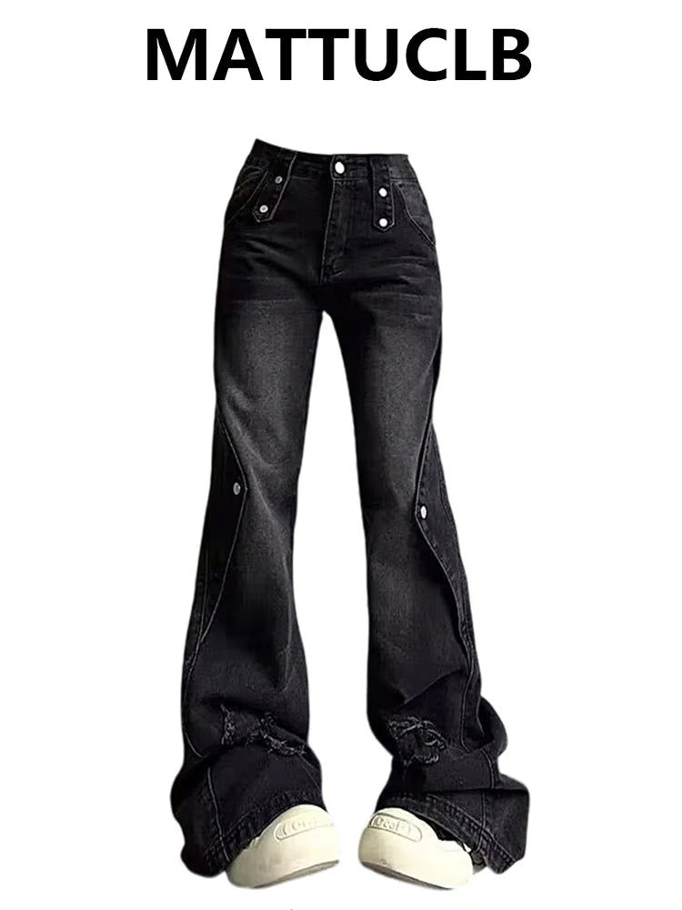 2025 Autumn Winter Women Goblin Core Dark Academia Low Rise Flared Denim Pants Bell Bottom Y2k Baggy Bootcut Jeans Kpop 2000s