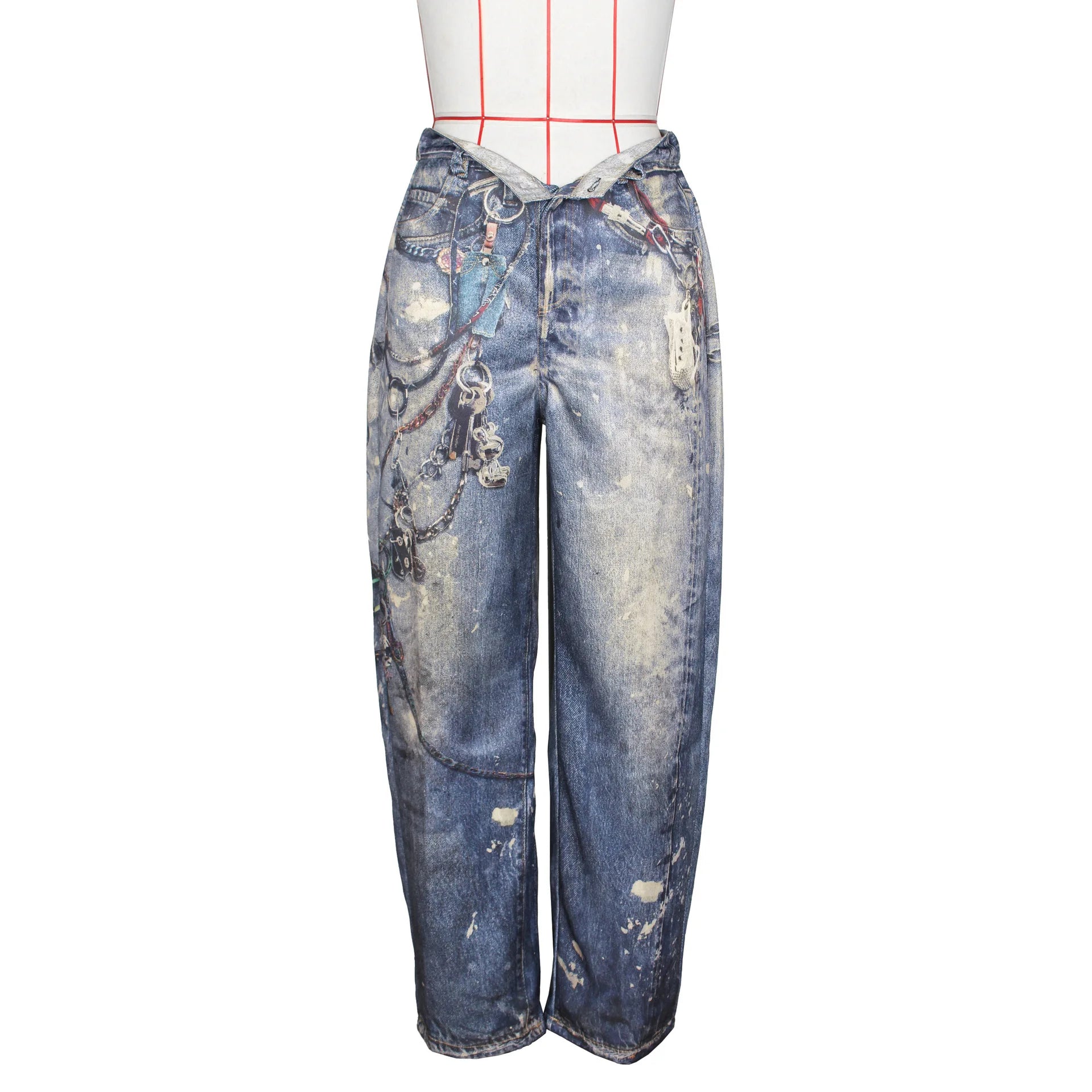 DEAT Fashion 3D Printed Wide Leg Curved Jeans Women's High Waist Loose Blue Streetwear Denim Pants New Tide Summer New 7AB9379