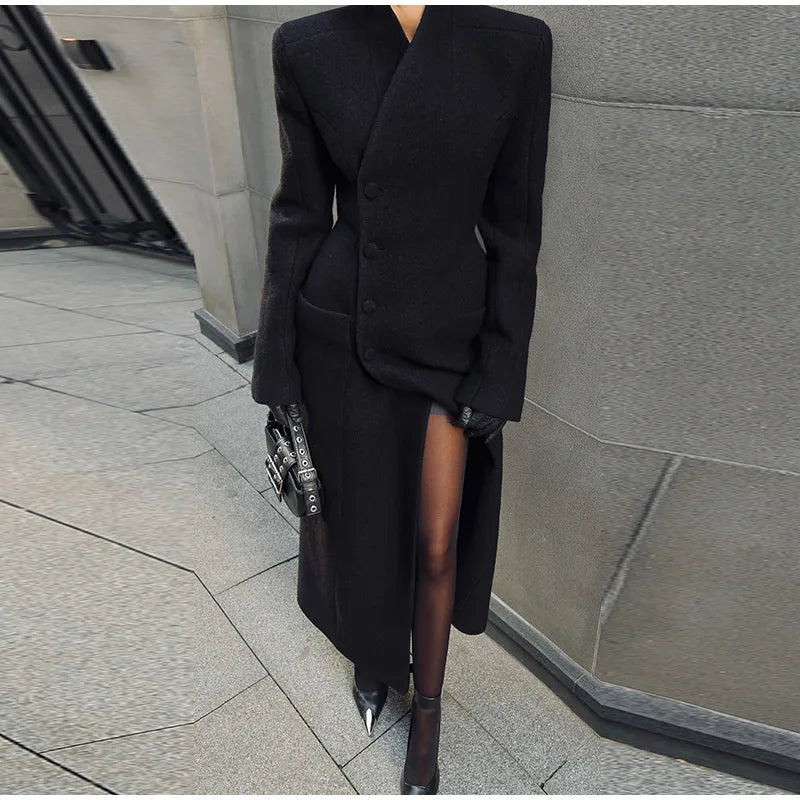 Elegant Stand Collar Long Woolen Coat Women Loose Full Sleeve Single Breast Warm Overcoat 2026 Spring Lady Outwear New