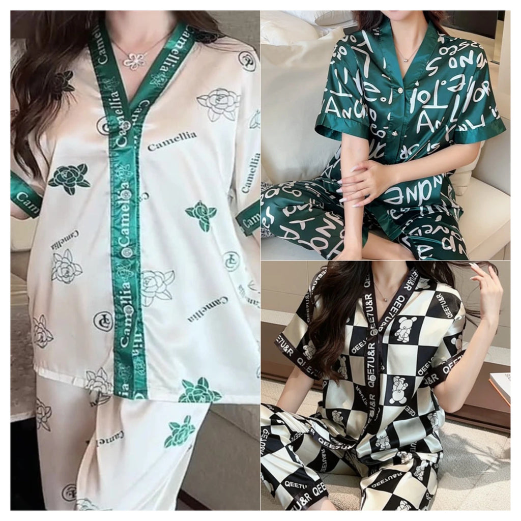 2 Pieces/Set Ladies Pajamas Ladies Homewear Women's Ice Silk Short Sleeve Long Pants Set Large Bear Pajamas Girls Clothes Lounge