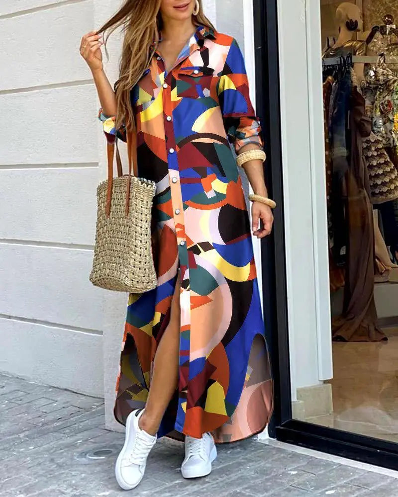 Camouflage Leopard Letters Floral Printed Dresses for Women 2025 Buttons Long Sleeve Loose Split Casual Solid Maxi Dress Robe