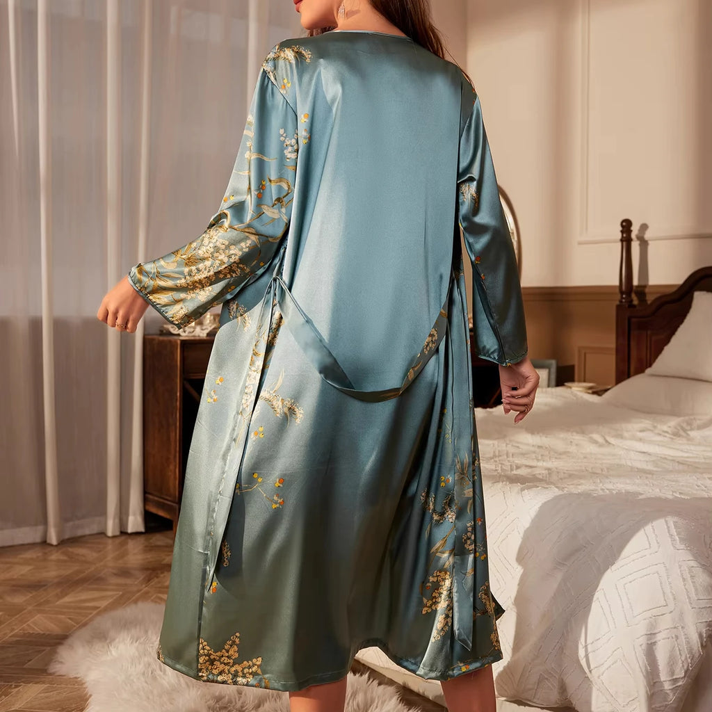 New Women's Sleepwear Printed Robe Sexy Satin Elegant Home Dress Tied Morning Gown Bathrobe Breathable Sleepwear for All Seasons