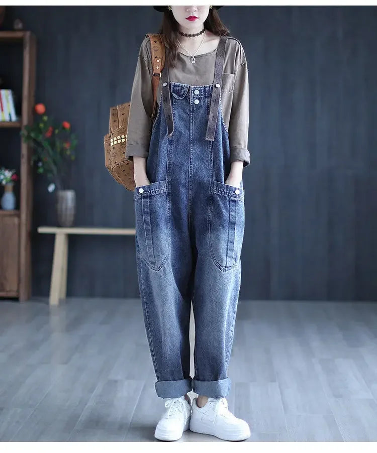 Loose Casual Denim Overalls Women's Wide Leg Pants Harem Jumpsuits Ageless plus Size New 2025 Fashion from Mainland China