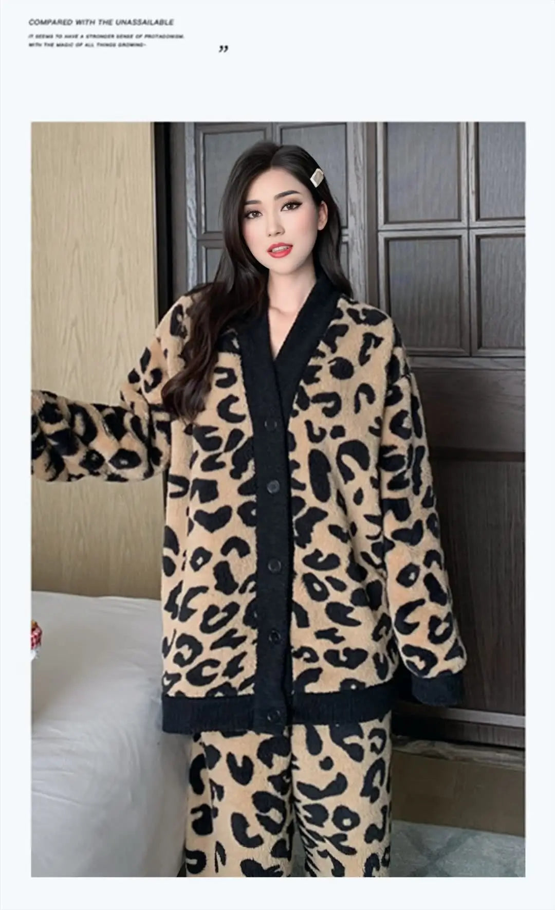 Winter Thickened Fleece Lined Half Velvet Pajamas Women's Home Clothes Set Simple Korean Leopard Print Sleepwear V-neck