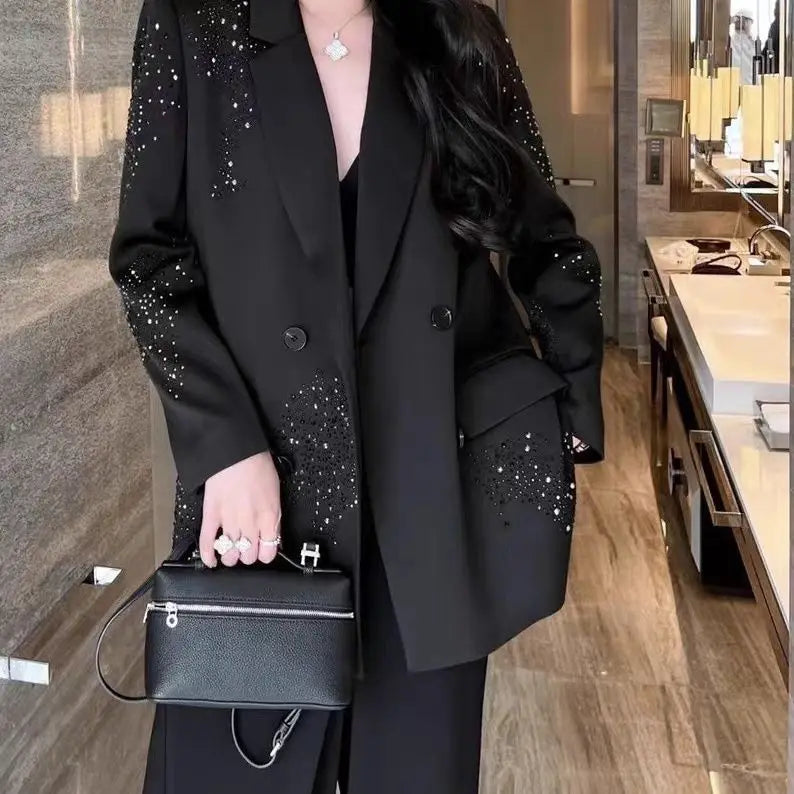 2024 Spring Autumn New Coat Suit Solid Color Popular Double Row Studded Diamond Sequin Loose Blazers