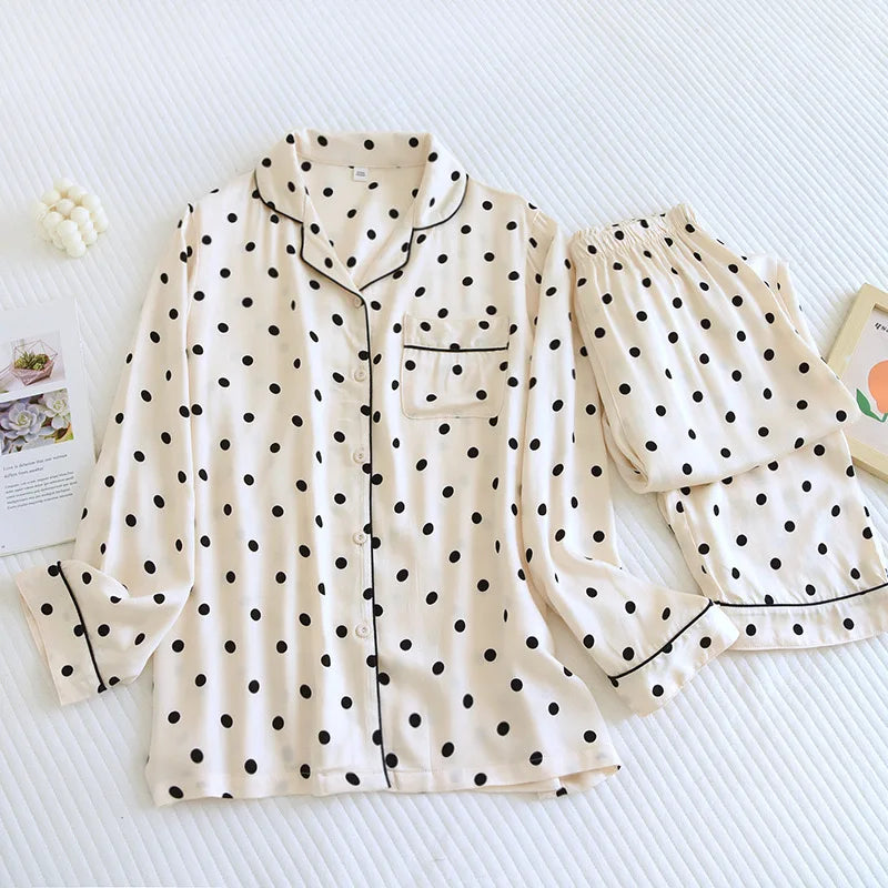 2023 Spring/Summer New Women's Pajama Set Gongsatin Cotton Women's Pajama Silk 100% Viscose Polka Dot Print Sleepwear 2-Piece