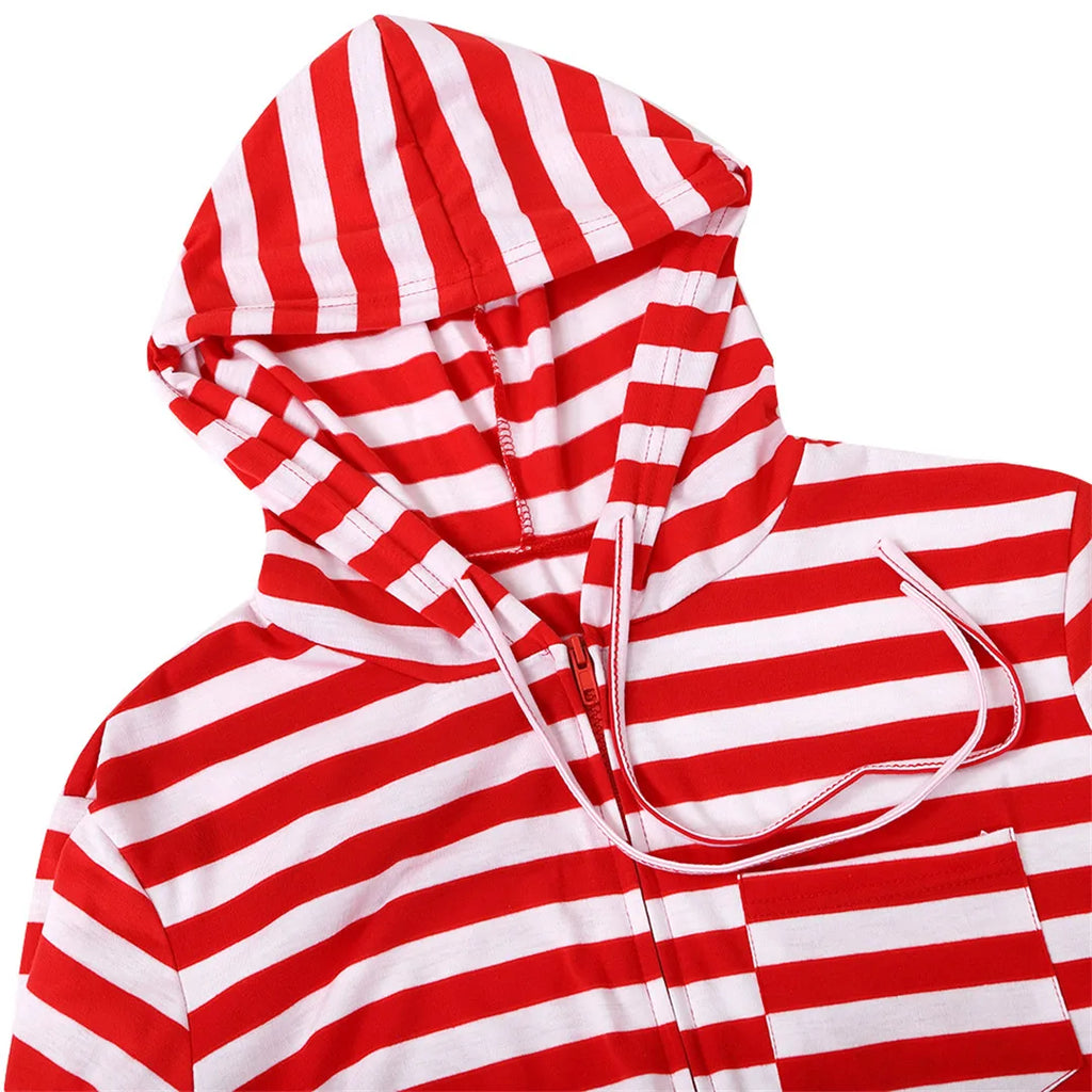 Couple Onesie Plus Size Christmas Pajamas Red and White Striped Onesies for Adults with Zipper Jumpsuit Hooded Sleepwear
