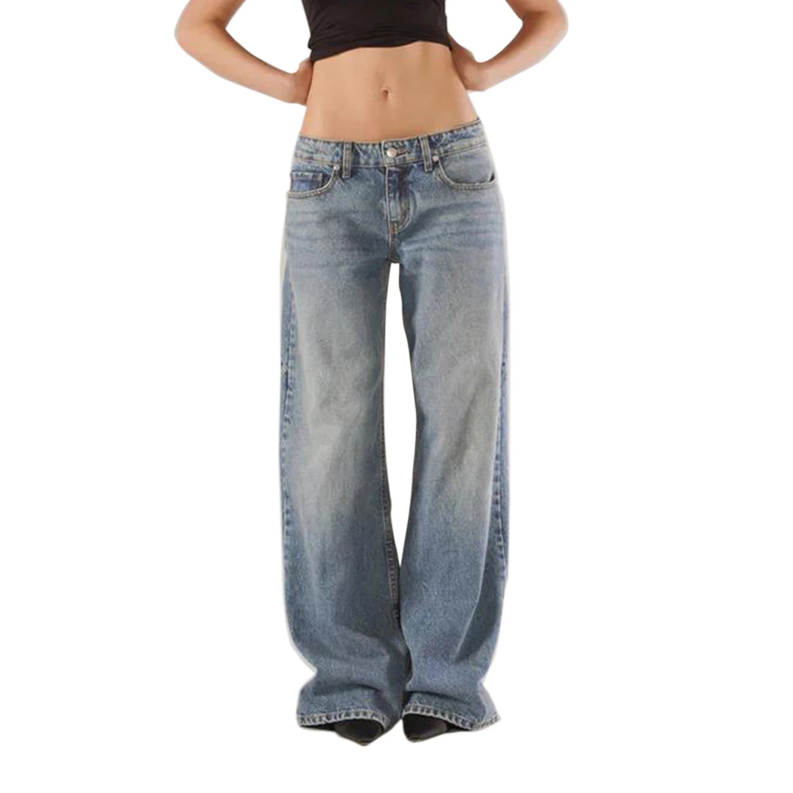 Women's Fall Jeans with Pockets Fashion Loose Fit Casual Solid Low Rise Wide Leg Denim Pants