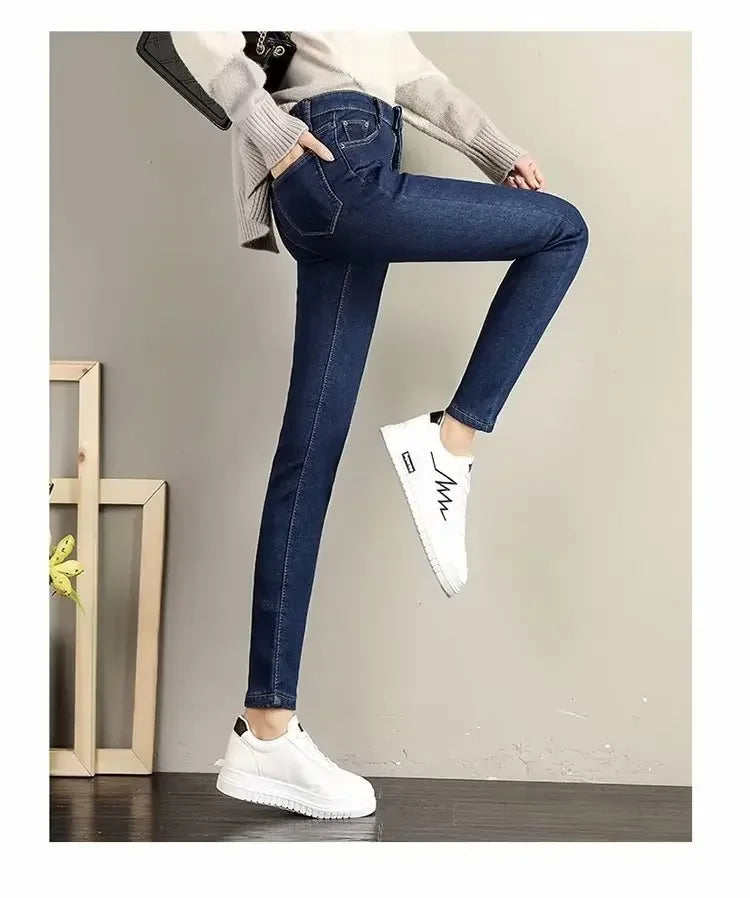 High Waist Fleece Lined Skinny Jeans Women's Autumn Winter New Style Pure Color Slimming Tight Fit Ankle Length Pants