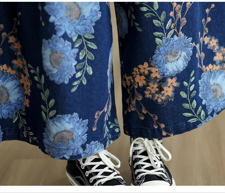 NYFS 2025 New Summer Vintage Print Woman Jeans Loose Plus size Trousers Elastic Waist Denim Wide Leg Pants