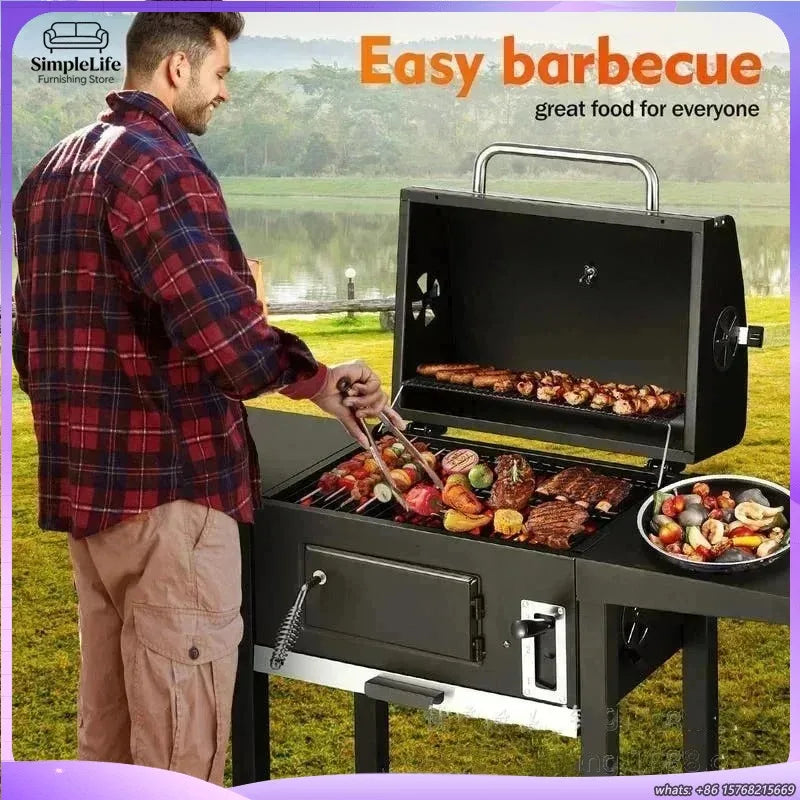 Large Charcoal Grill Smoker BBQ Grill Outdoor Camping Stove with Wheels Heavy Duty Portable Barbecue for Home Party Garden