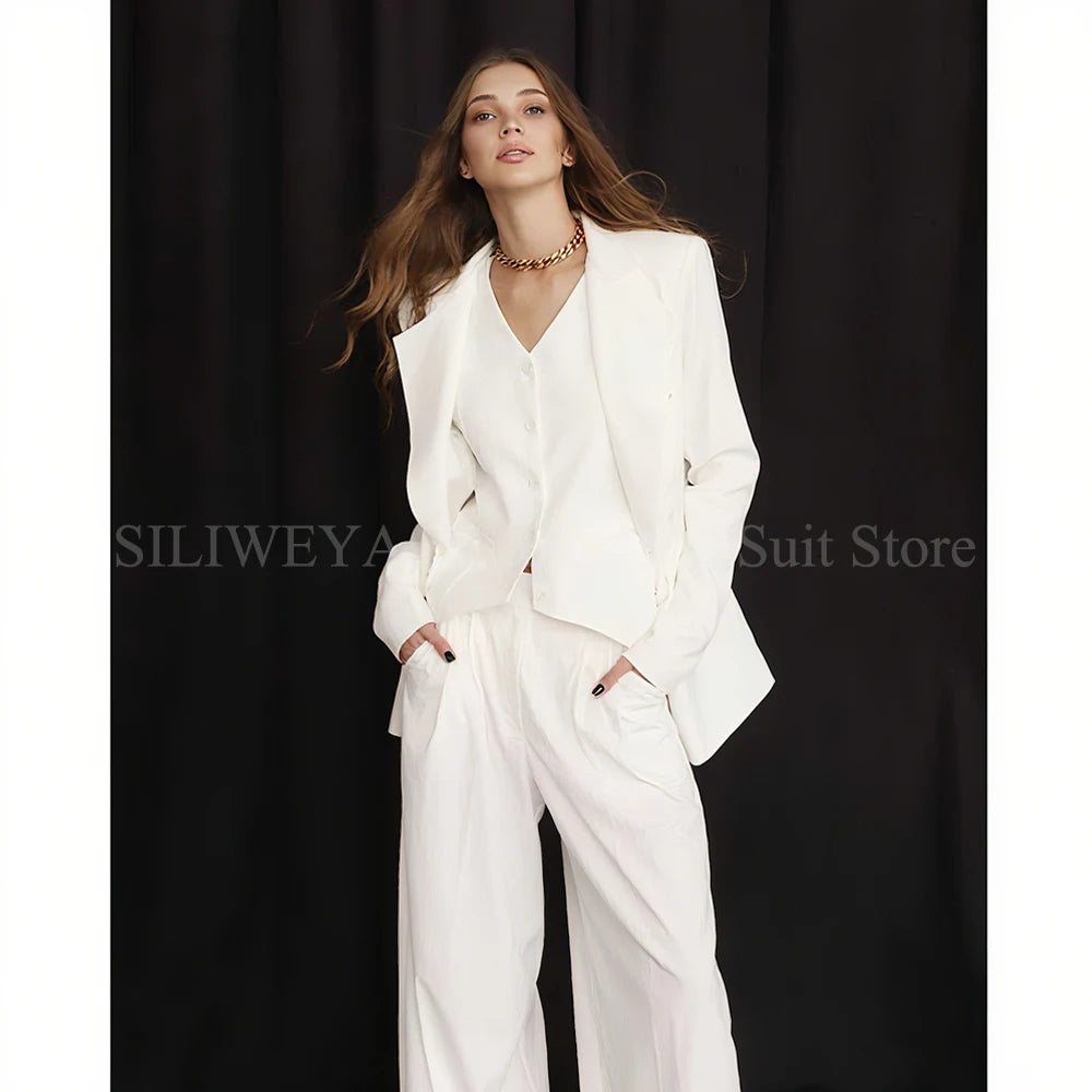 Luxury White Women's Suits 3 Piece Jacket Pants Vest Single Breasted Female Clothing Smart Office Lady Slim Fit Blazers Sets